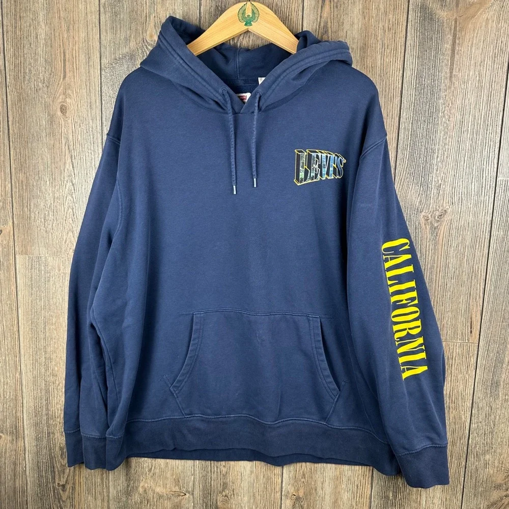 Levis Mens California Coast Graphic Hoodie Navy Blue Fleece Sweatshirt Size XL